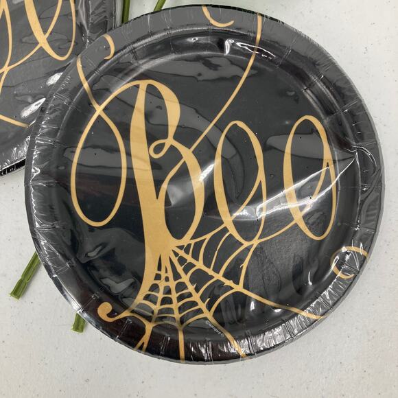 Unique Heavy Duty Gold Black Halloween Boo Spider Web Round Paper Party Plate - Picture 4 of 4